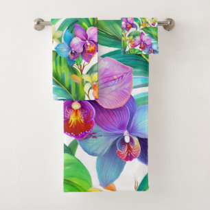 Tropical orchid pattern bath towel set