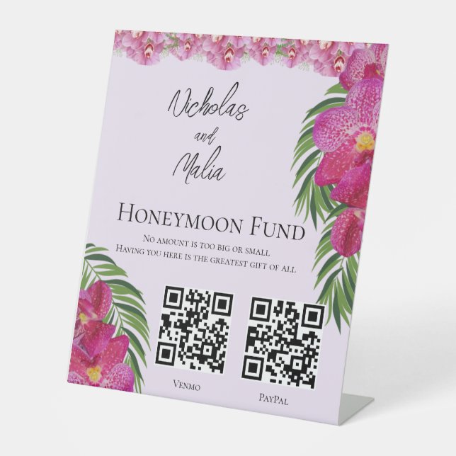 Tropical Orchid Wedding QR Code Honeymoon Fund Pedestal Sign (Front)