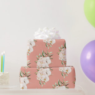 Tropical Orchids and Palm on Coral Wrapping Paper