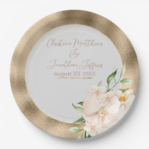Tropical Orchids and Plumeria Flowers on Gold Paper Plate