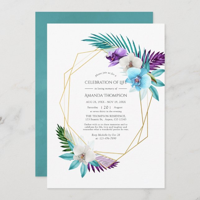 Tropical Orchids Geometric Celebration of Life Invitation (Front/Back)