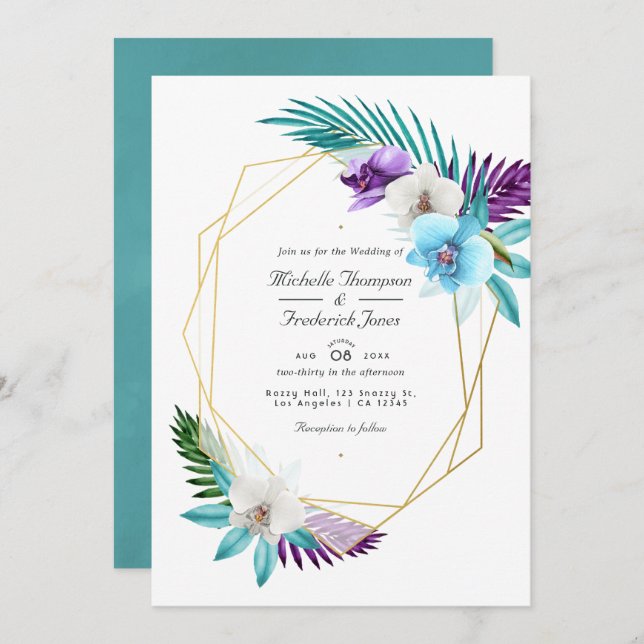 Tropical Orchids Geometric QR Code RSVP Wedding Invitation (Front/Back)