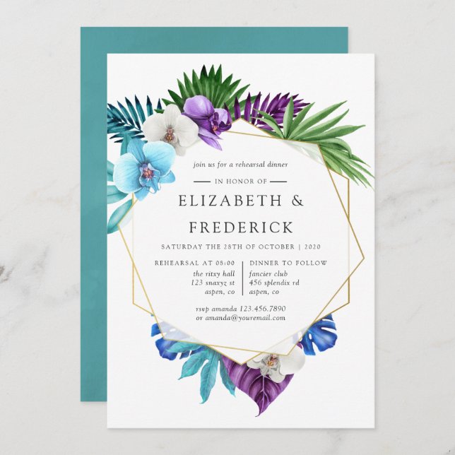 Tropical Orchids Geometric Rehearsal Dinner Invitation (Front/Back)