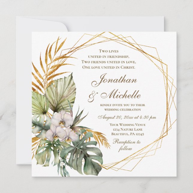 Tropical Orchids Palms Floral Christian Wedding Invitation (Front)