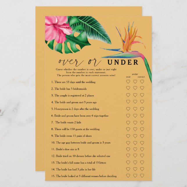 Tropical - Over or under bridal shower game (Front/Back)