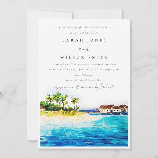 Tropical Overwater Villa Seascape Beach Engagement Invitation (Front)