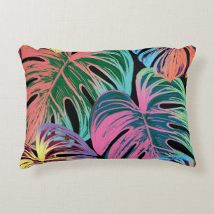 Tropical painted monstera leaves colourful on blac decorative cushion