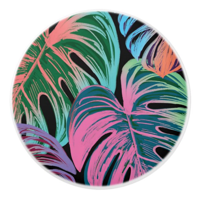 Tropical painted monstera pink green blue black ceramic knob (Front)