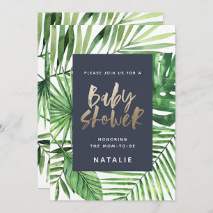 Tropical palm and gold script baby shower invite