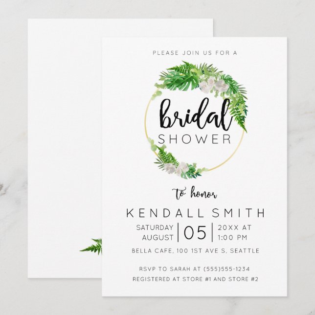 Tropical Palm and Greenery Wreath Bridal Shower Invitation (Front/Back)
