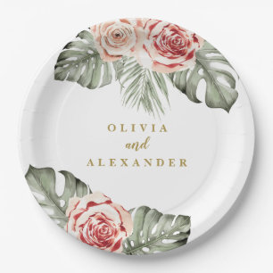 Tropical Palm and Roses Wedding Monogram Paper Plate