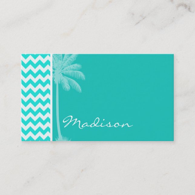 Tropical Palm; Aqua Colour Chevron Business Card (Front)