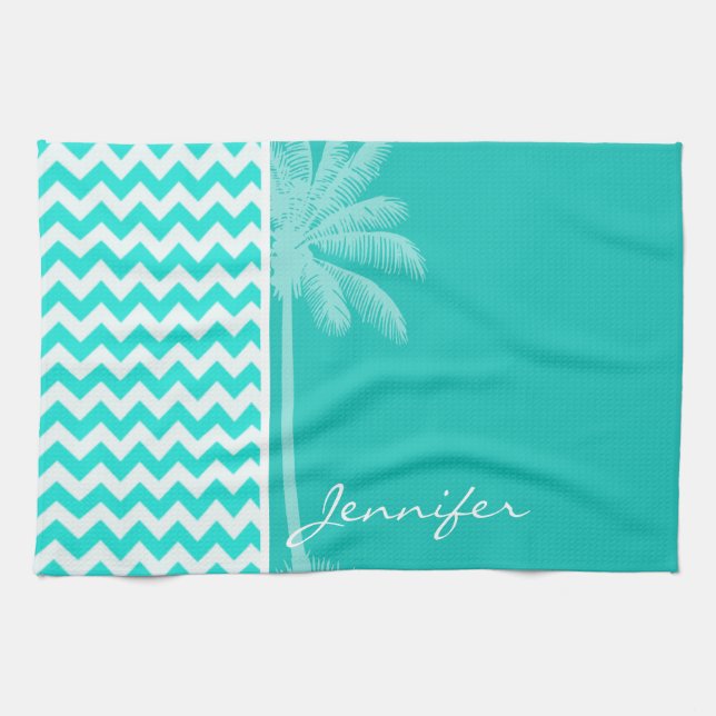 Tropical Palm; Aqua Colour Chevron Tea Towel (Horizontal)