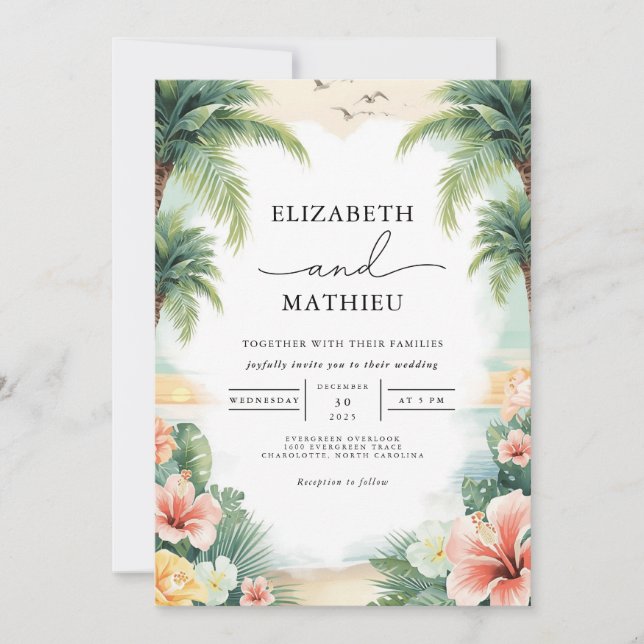 Tropical Palm Arch Floral Wedding Invitation (Front)