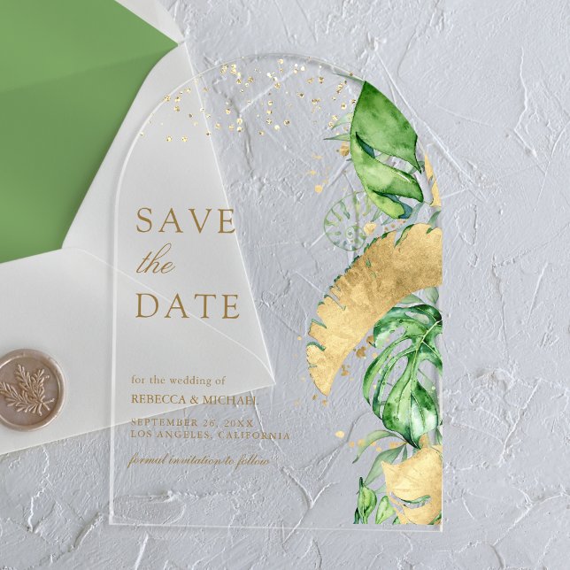 Tropical Palm Arch Gold Wedding Save the Date Acrylic Invitations (Creator Uploaded)