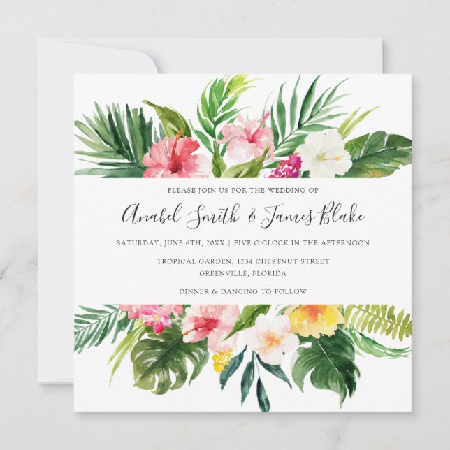 Tropical Palm Banana Leaves Floral Wedding Invitation (Front)