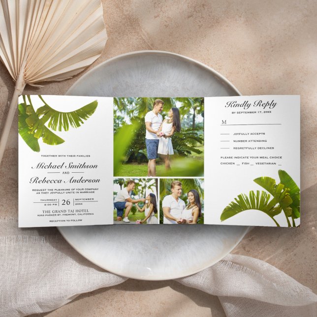 Tropical Palm Banana Leaves Foliage 3 in 1 Wedding Tri-Fold Invitation (Creator Uploaded)