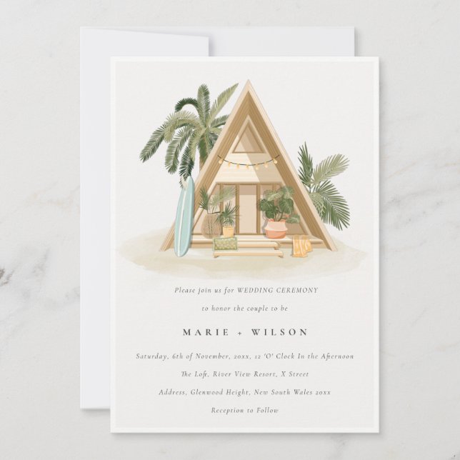Tropical Palm Beach Shack Wedding QR Code RSVP Invitation (Front)