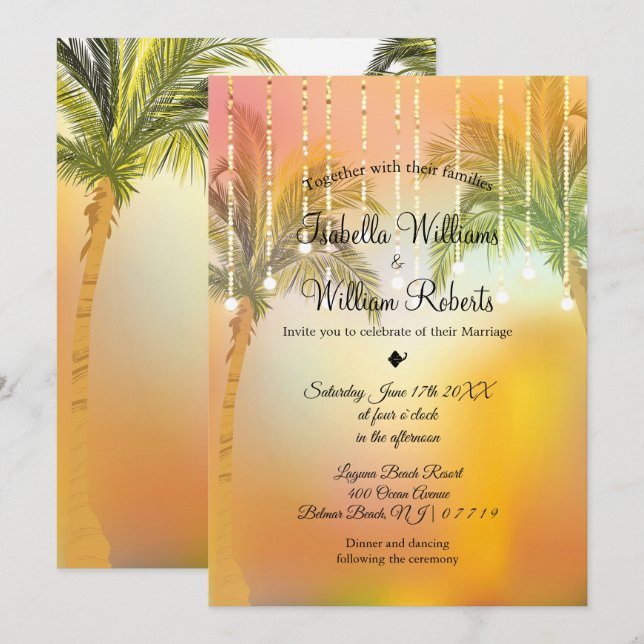Tropical Palm Beach String Lights Wedding Invitation (Front/Back)