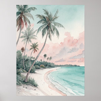 Tropical Palm Beach Watercolor Poster