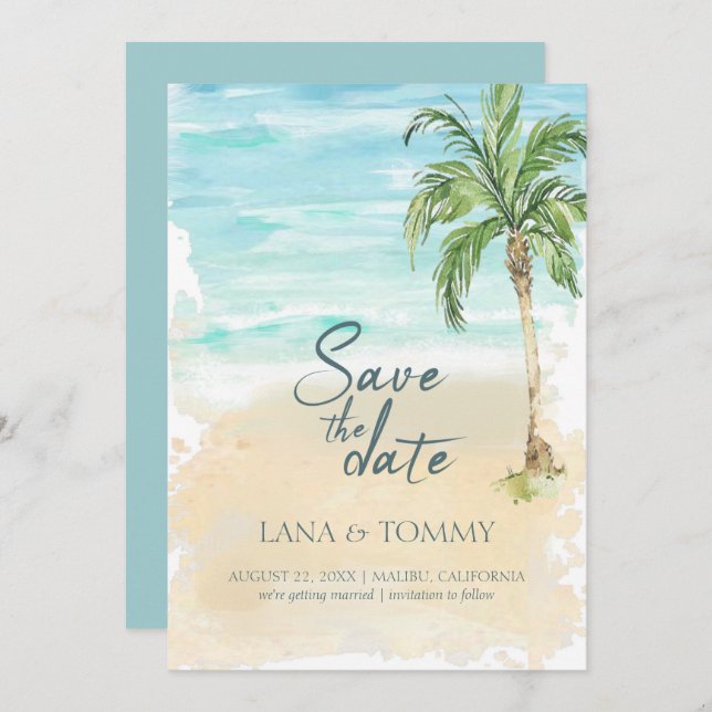 Tropical Palm Beach Watercolor Wedding Save The Date (Front/Back)