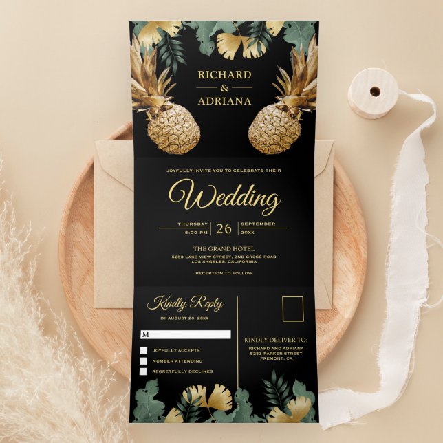 Tropical Palm Black Gold Pineapple Wedding Tri-Fold Invitation (Creator Uploaded)