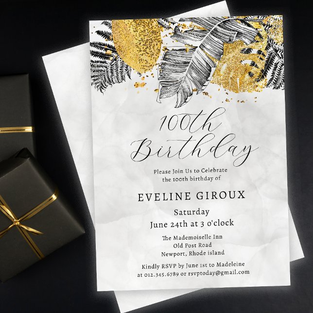 Tropical Palm Black White Gold 100th Birthday Invitation (Need matching tropical palm party supplies? Message me!)