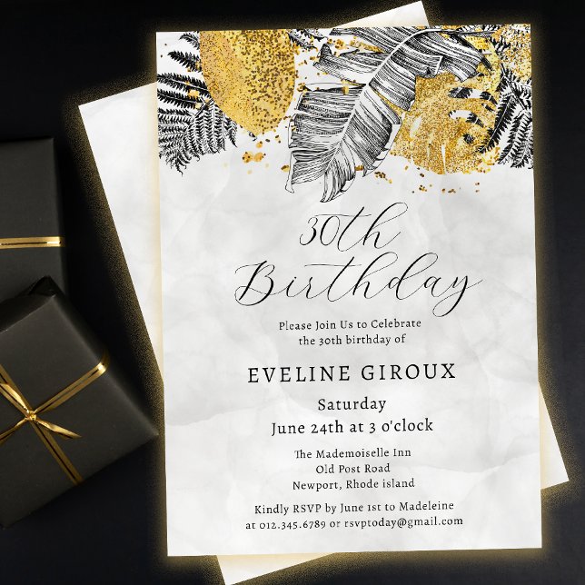 Tropical Palm Black White Gold 30th Birthday Invitation (Need matching black and gold tropical palm party supplies? Message me!)