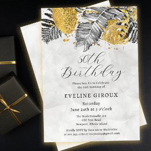 Tropical Palm Black White Gold 50th Birthday Invitation