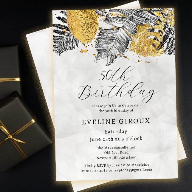 Tropical Palm Black White Gold 50th Birthday Invitation (Need matching black and gold tropical palm party supplies? Message me!)