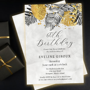 Tropical Palm Black White Gold 60th Birthday Invitation