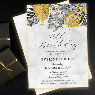 Tropical Palm Black White Gold 70th Birthday Invitation