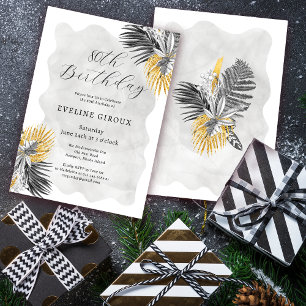 Tropical Palm Black White Gold 80th Birthday Invitation