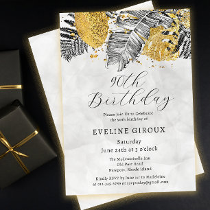 Tropical Palm Black White Gold 90th Birthday Invitation