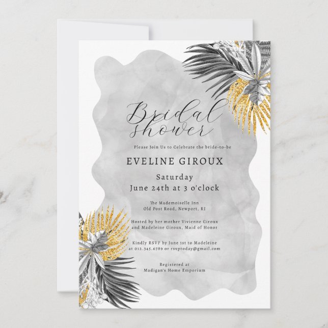 Tropical Palm Black White Gold Bridal Shower Invitation (Front)