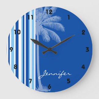 Tropical Palm; Blue & White Stripes Large Clock
