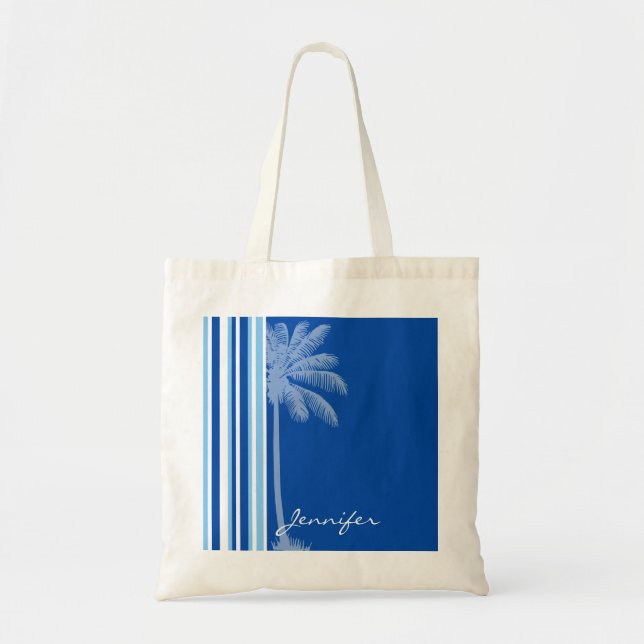 Tropical Palm; Blue & White Stripes Tote Bag (Front)