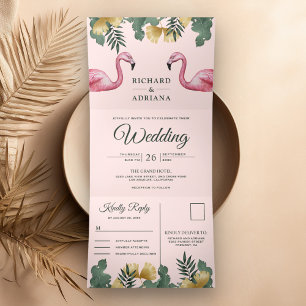 Tropical Palm Blush Pink Flamingo Couple Wedding Tri-Fold Invitation