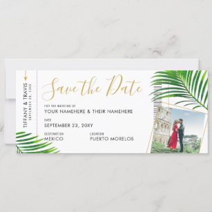 Tropical Palm Boarding Pass Photo Save the Date Announcement