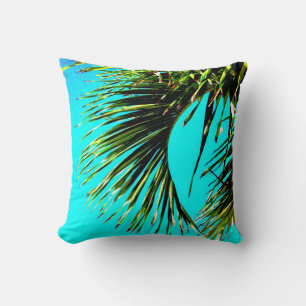 tropical palm bold and bright green and turquoise cushion