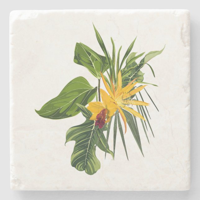 Tropical palm branches, exotic flower bouquet stone coaster (Front)