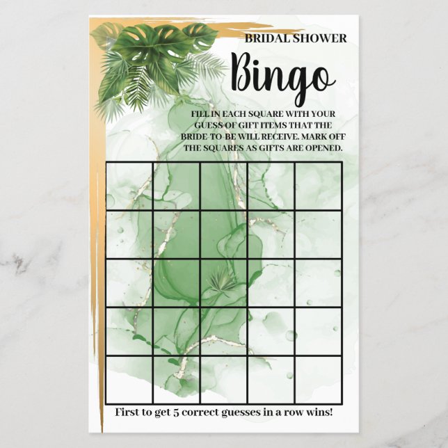 Tropical Palm Bridal Shower Bingo Game Card (Front)