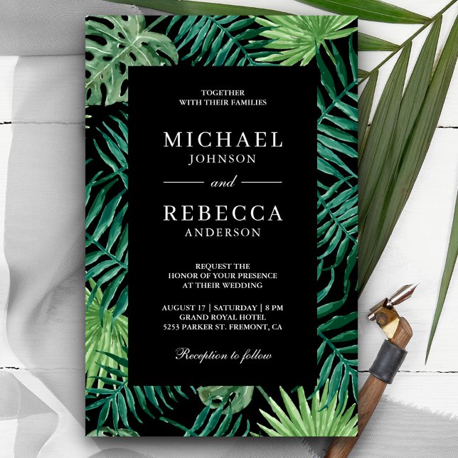 Tropical Palm Budget Black Wedding Invitation (Creator Uploaded)