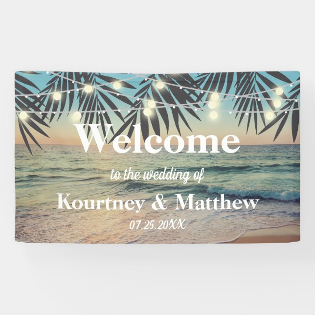 Tropical Palm Custom Wedding Beach String Backdrop Banner (Horizontal)