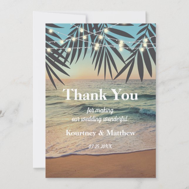 Tropical Palm Custom Wedding Beach String Lights Thank You Card (Front)