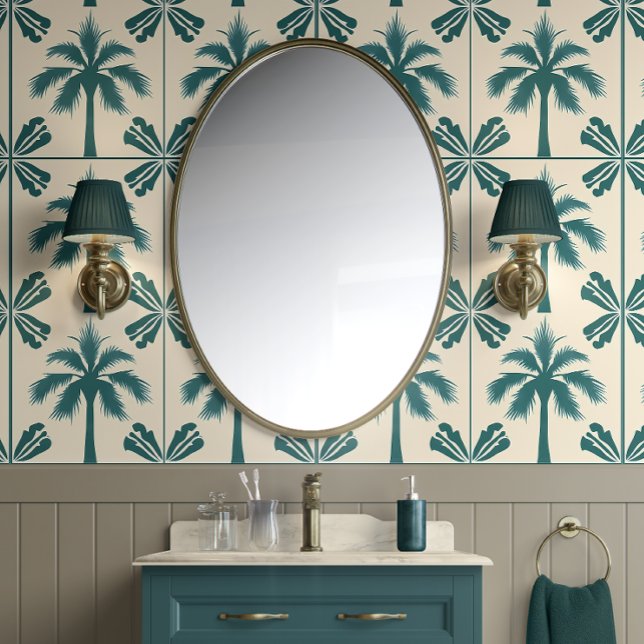 Tropical Palm Escape - Green, Beige - Coastal Wallpaper (Vibrant Cabana Peel and Stick Wallpaper )