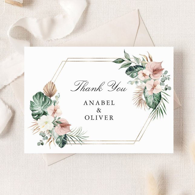 Tropical Palm Floral Blush Geometric Gold Wedding Thank You Card (Creator Uploaded)