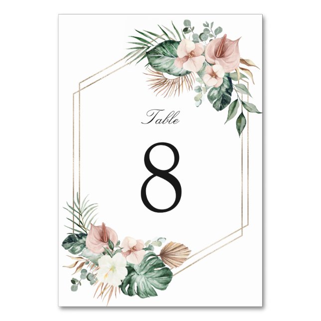 Tropical Palm Floral Blush Gold Geometric Wedding Table Number (Front)