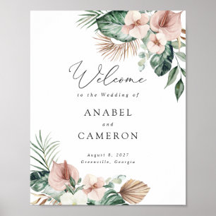 Tropical Palm Floral Blush Wedding Welcome Sign