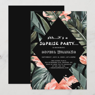 Tropical Palm Floral Surprise Black Party Invite